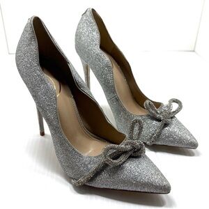 Sam Edelman Silver Glitter Bow Pumps Heels 4” Stiletto Party Wedding Shoe